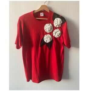 Vintage 90s Red T-shirt Homemade Faux Leather Roses Black White Grandma Top XL